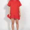 RED FEATHER HEM T-SHIRT DRESS