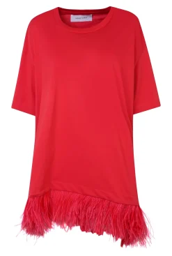 RED FEATHER HEM T-SHIRT DRESS