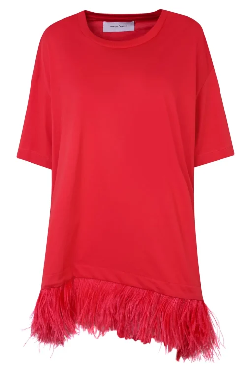 RED FEATHER HEM T-SHIRT DRESS