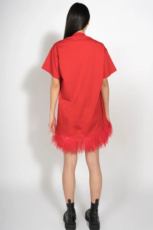 RED FEATHER HEM T-SHIRT DRESS