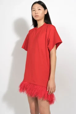 RED FEATHER HEM T-SHIRT DRESS