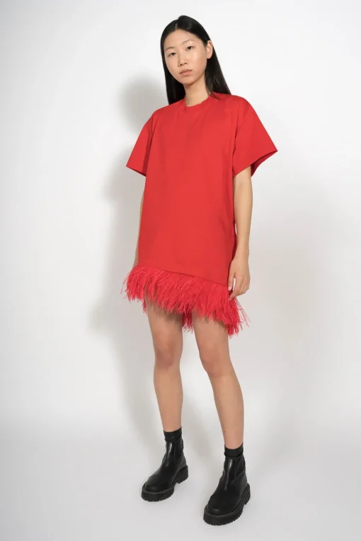 RED FEATHER HEM T-SHIRT DRESS