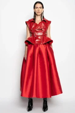 RED HIGH WAIST PLEATED FULL SKIRT