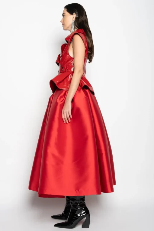 RED HIGH WAIST PLEATED FULL SKIRT