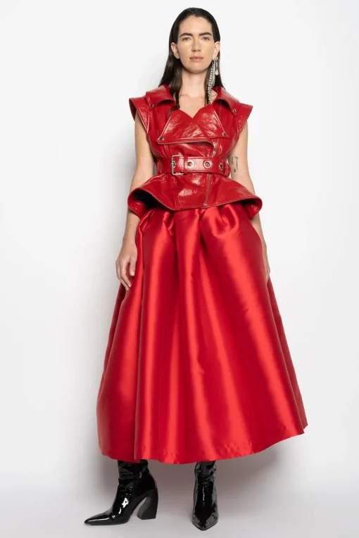 RED HIGH WAIST PLEATED FULL SKIRT