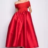 RED OFF SHOULDER FULL SKIRT DRESS