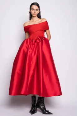 RED OFF SHOULDER FULL SKIRT DRESS