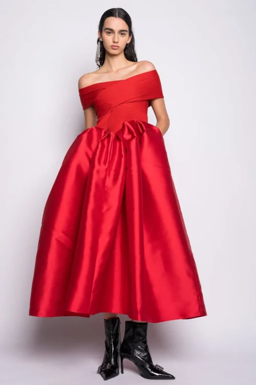 RED OFF SHOULDER FULL SKIRT DRESS