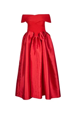 RED OFF SHOULDER FULL SKIRT DRESS