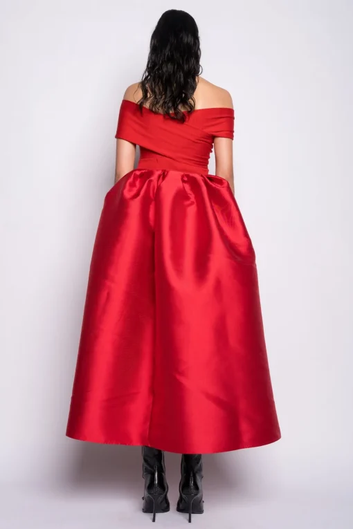 RED OFF SHOULDER FULL SKIRT DRESS