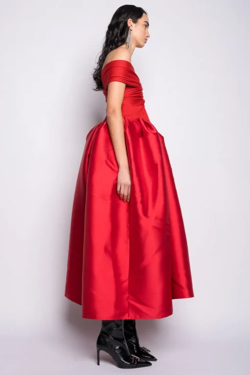 RED OFF SHOULDER FULL SKIRT DRESS