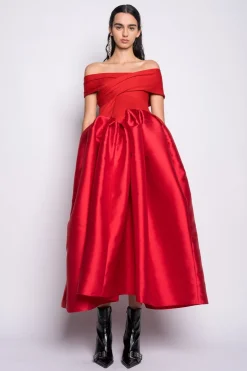 RED OFF SHOULDER FULL SKIRT DRESS
