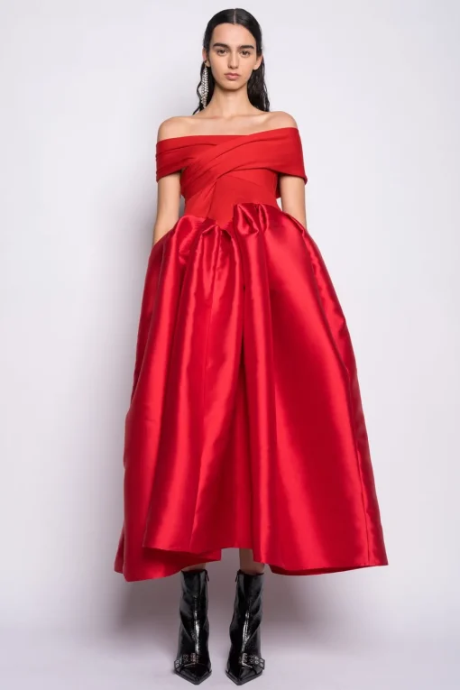 RED OFF SHOULDER FULL SKIRT DRESS