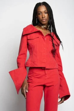 RED OFF-SHOULDER COLLAR JACKET