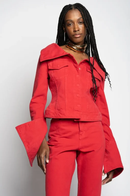 RED OFF-SHOULDER COLLAR JACKET
