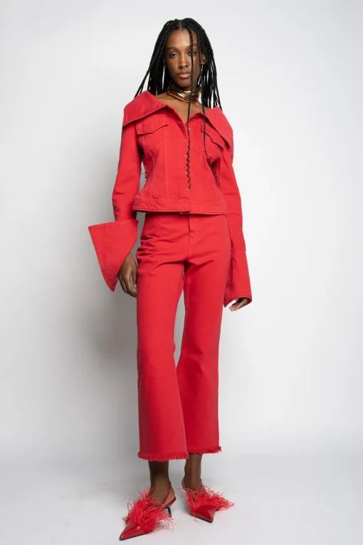 RED OFF-SHOULDER COLLAR JACKET