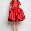 RED SHORT CAP SLEEVE PUFF DRESS