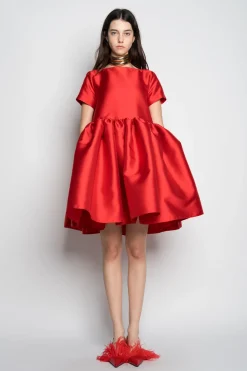 RED SHORT CAP SLEEVE PUFF DRESS