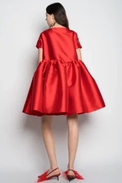 RED SHORT CAP SLEEVE PUFF DRESS