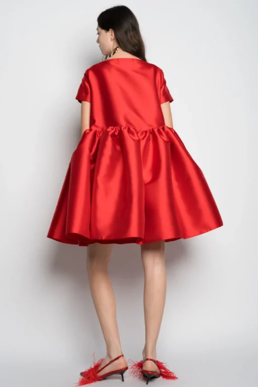 RED SHORT CAP SLEEVE PUFF DRESS