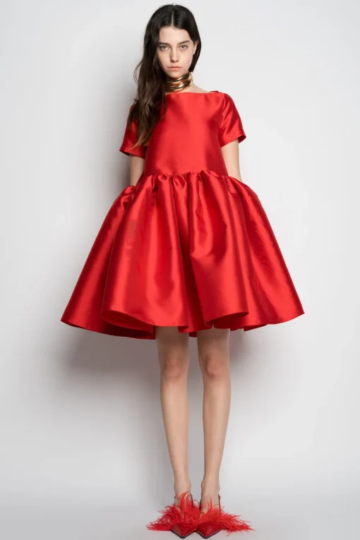 RED SHORT CAP SLEEVE PUFF DRESS