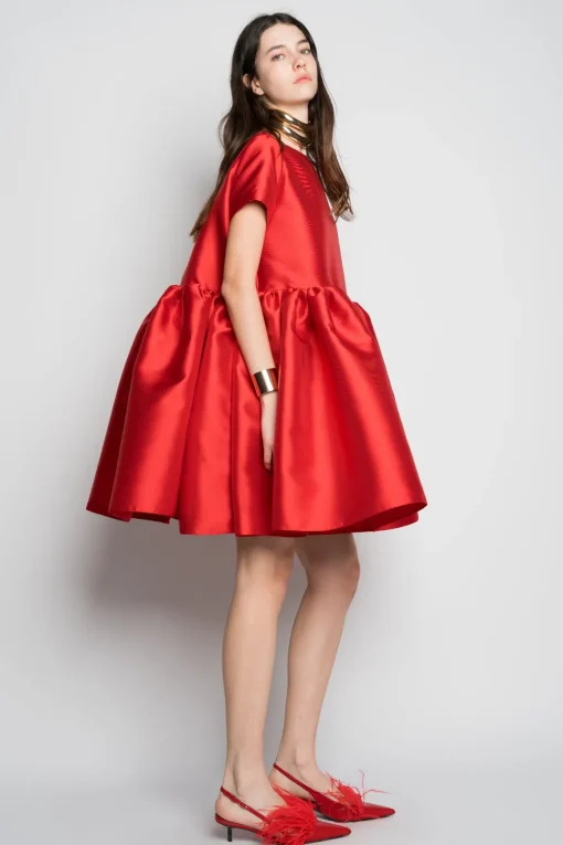 RED SHORT CAP SLEEVE PUFF DRESS