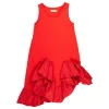 RED SLEEVELESS FLOUNCE DRESS