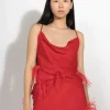 RED SLIP TOP WITH FEATHERS