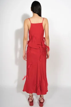 RED SLIP TOP WITH FEATHERS