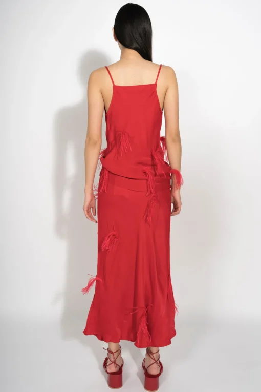 RED SLIP TOP WITH FEATHERS