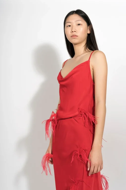 RED SLIP TOP WITH FEATHERS