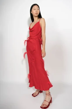 RED SLIP TOP WITH FEATHERS