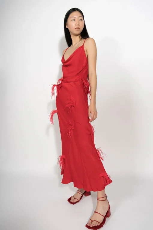 RED SLIP TOP WITH FEATHERS