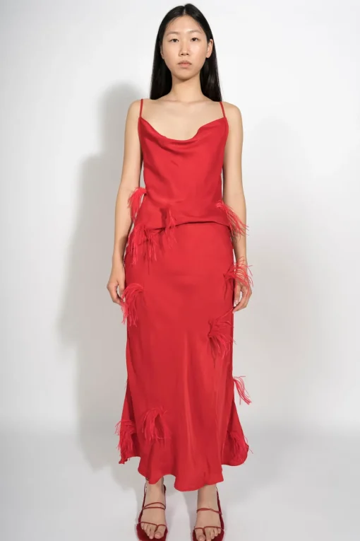 RED SLIP TOP WITH FEATHERS
