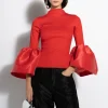RED TURTLENECK PUFF SLEEVE TOP