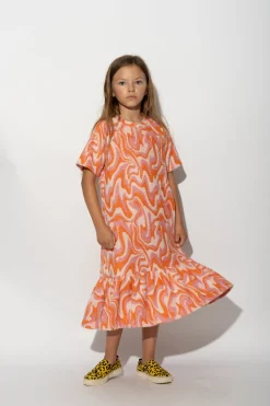 TERRY WAVY PRINT GATHERED DRESS