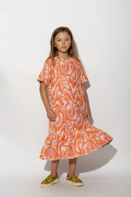 TERRY WAVY PRINT GATHERED DRESS