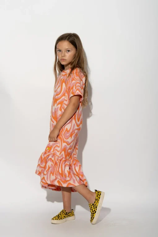 TERRY WAVY PRINT GATHERED DRESS