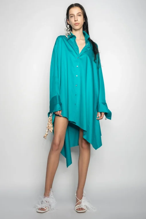 TURQUOISE ASYMMETRIC OVERSIZE SHIRT DRESS