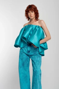 TURQUOISE PLEATED STRAPLESS TOP