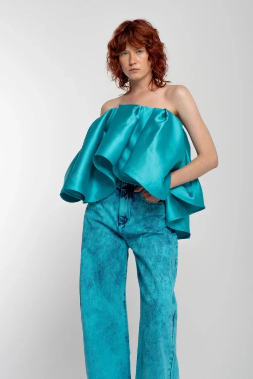 TURQUOISE PLEATED STRAPLESS TOP
