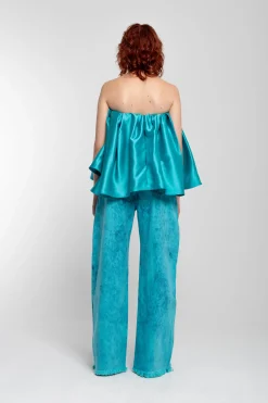 TURQUOISE PLEATED STRAPLESS TOP