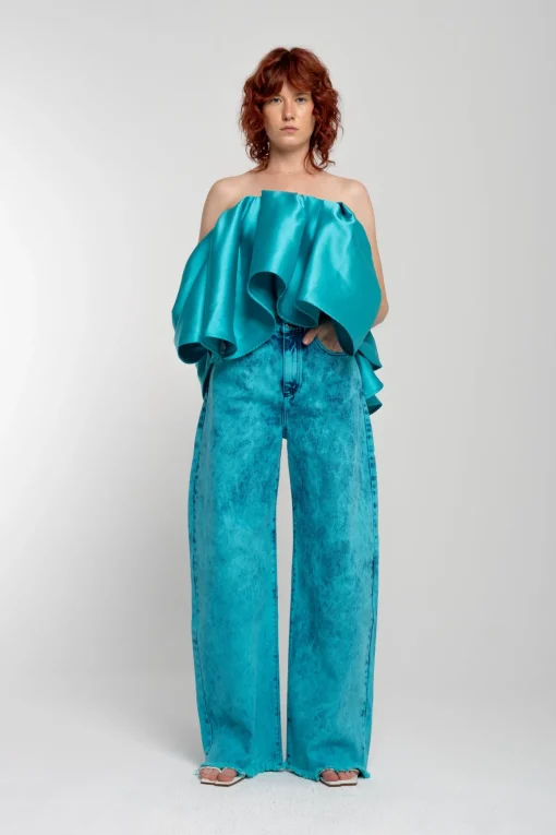TURQUOISE PLEATED STRAPLESS TOP