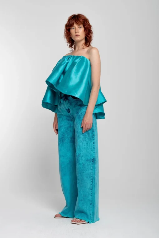 TURQUOISE PLEATED STRAPLESS TOP