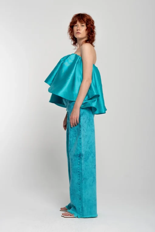 TURQUOISE PLEATED STRAPLESS TOP