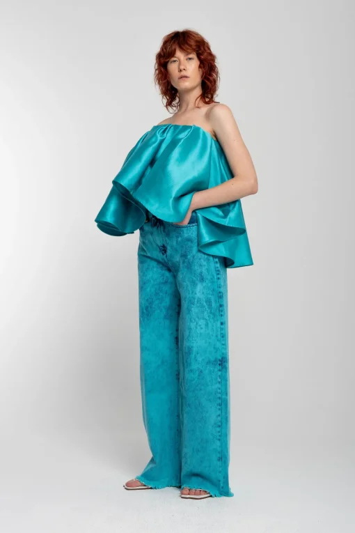 TURQUOISE PLEATED STRAPLESS TOP