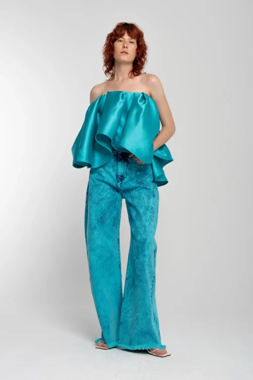 TURQUOISE PLEATED STRAPLESS TOP