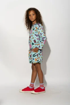 TURQUOISE SQUIGGLE PRINT LONG SLEEVE SWIM TOP