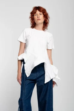 WHITE CAP SLEEVE PLISSE T-SHIRT