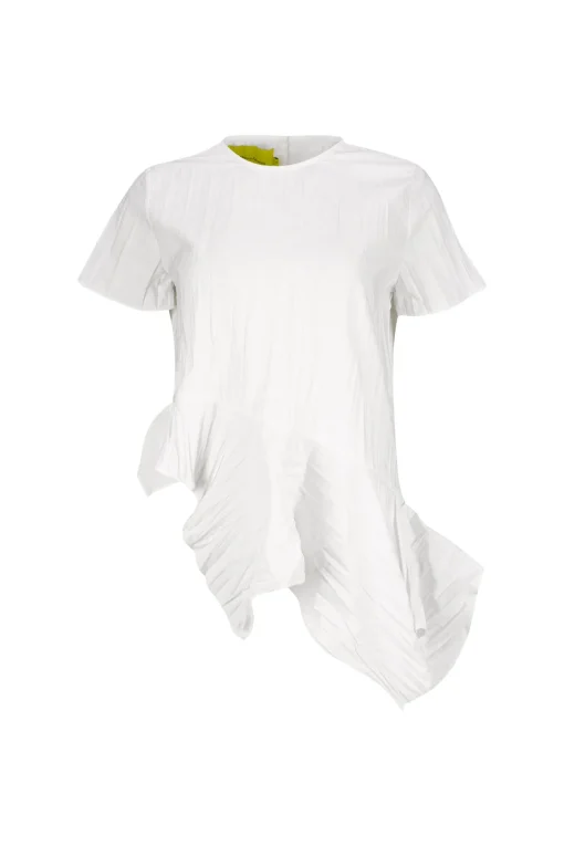 WHITE CAP SLEEVE PLISSE T-SHIRT